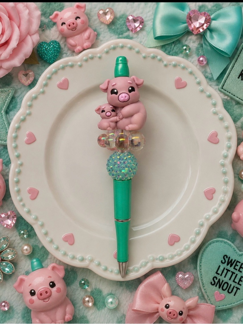 Handmade Green Piglet Beaded Ballpoint Pen - Cute Pink Pig Design